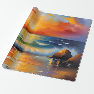 Ölgemälde mit orangefarbenem Sonnenuntergang über Geschenkpapier