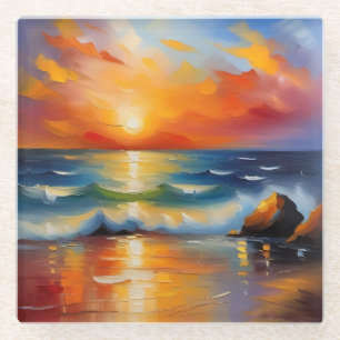 Ölgemälde mit orangefarbenem Sonnenuntergang über Glasuntersetzer