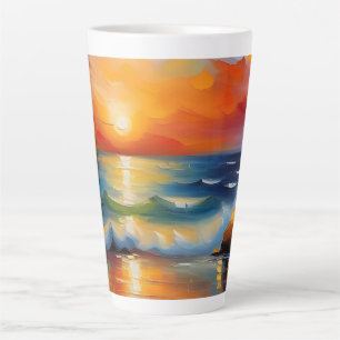 Ölgemälde mit orangefarbenem Sonnenuntergang über  Milchtasse