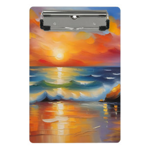 Ölgemälde mit orangefarbenem Sonnenuntergang über Mini Klemmbrett