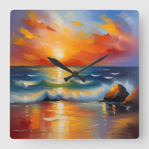 Ölgemälde mit orangefarbenem Sonnenuntergang über  Quadratische Wanduhr