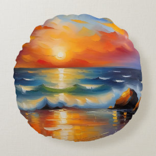 Ölgemälde mit orangefarbenem Sonnenuntergang über Rundes Kissen