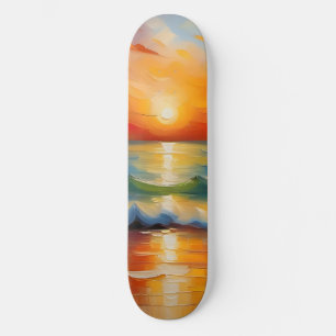 Ölgemälde mit orangefarbenem Sonnenuntergang über Skateboard