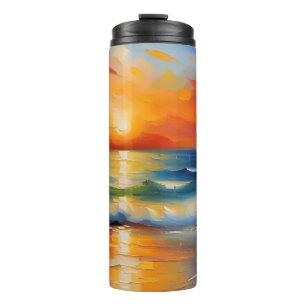 Ölgemälde mit orangefarbenem Sonnenuntergang über  Thermosbecher