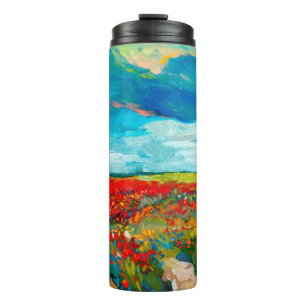 Ölgemälde von Blumenfeldern auf Leinwand. Land Thermosbecher
