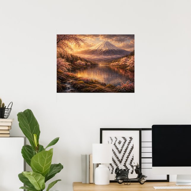 Ölgemälde von Mount Fuji & Kirschblüten Poster (Heimbüro)