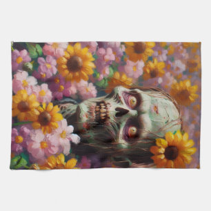 Ölgemälde von Zombie im Halloween-Blume Geschirrtuch