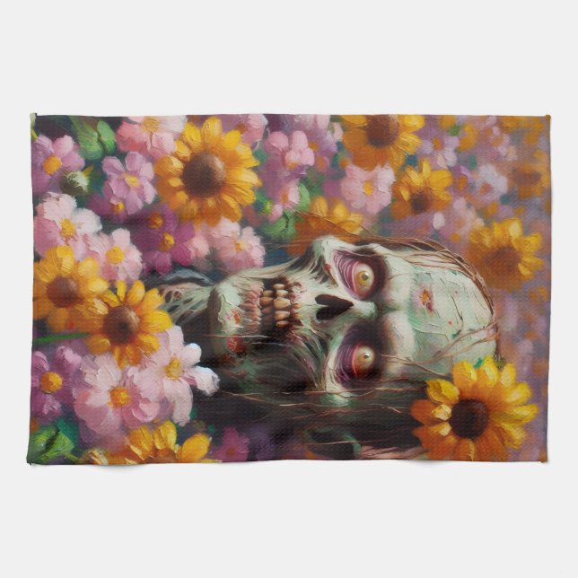 Ölgemälde von Zombie im Halloween-Blume Geschirrtuch (Horizontal)