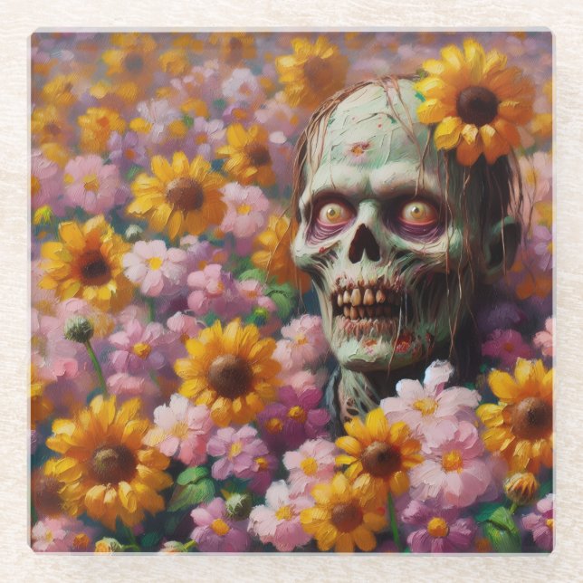 Ölgemälde von Zombie im Halloween-Blume Glasuntersetzer (Vorderseite)