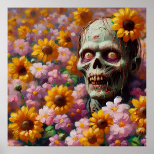 Ölgemälde von Zombie im Halloween-Blume Poster