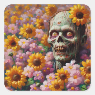 Ölgemälde von Zombie im Halloween-Blume Quadratischer Aufkleber