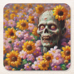 Ölgemälde von Zombie im Halloween-Blume Rechteckiger Pappuntersetzer