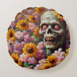 Ölgemälde von Zombie im Halloween-Blume Rundes Kissen