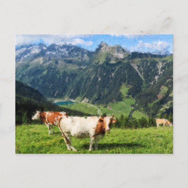 Ölgemäldebild der österreichischen Alpen. Kühe Postkarte (Vorderseite)