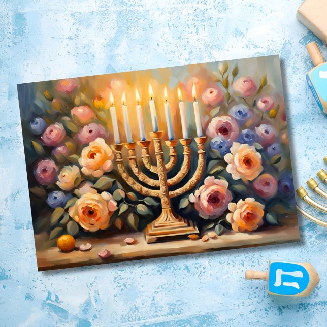 Ölgemälztes Floral Lit Menorah Karte (Von Creator hochgeladen)