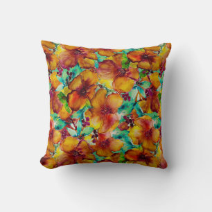 Olina Orange & Green Hibiskus Wasserfarbe Tropisch Kissen