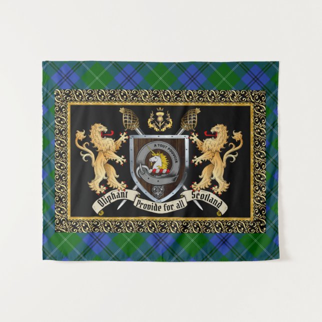 Oliphant Clan Abzeichen & Motto mit Löwen Wandteppich (Vorderseite (Horizontal))