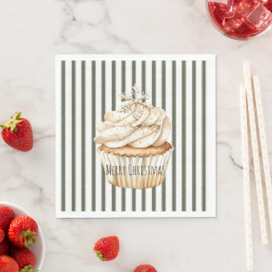 Oliv-Creme-Streifen-Schneeblumen-Cupcake Weihnacht Serviette