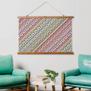 Oliv- und braunes geometrisches ethnisches Ornamen Wandteppich Mit Holzrahmen
