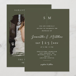 Oliv & Weiß Minimalistische Moderne Foto-Hochzeit Einladung