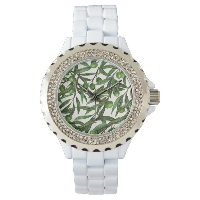 Olive-Äste auf weißer Seite Armbanduhr (Vorderseite)