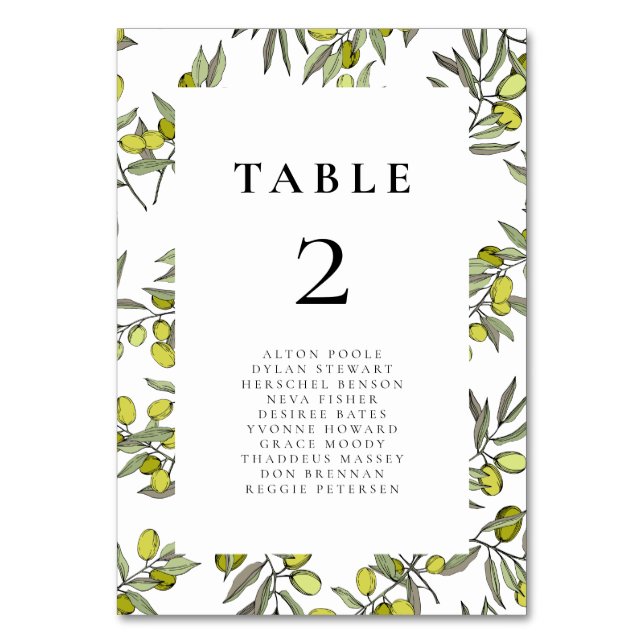 Olive-Äste Muster Hochzeitskarten Tischnummer (Vorderseite)