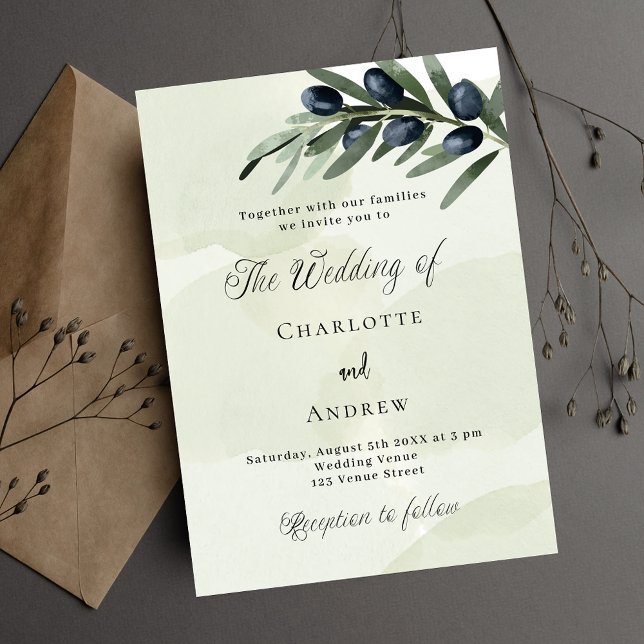 Olive Blätter Grüne Aquarellschrift Hochzeit Einladungspostkarte (Von Creator hochgeladen)
