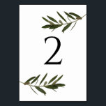 Olive Blätter Grüne Hochzeit Tischnummer<br><div class="desc">Dieses Design umfasst Oliven-Blätter und Zweige. Die wunderschöne Vegetation der Oliven-Blätter ergänzt die elegante, moderne Kreissage, die den Hochzeitstag umkreist. Eine perfekte Verbindung von Moderne und Chic mit rustikalen Olivenfarben. Olivgrün, Schwarz und Weiß passen perfekt zu einer mediterranen Hochzeit. Einzigartiges Hochzeitsdesign mit modernen Tischnummern. Auch die passenden Hochzeitseinladungen und andere...</div>