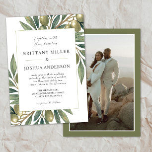 Olive Blätter Moderne mediterrane Foto Hochzeit Einladung