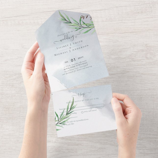 Olive Blätter Wedding Dusty Blue Lemon All In One Einladung (Abreißen)