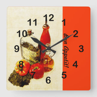 Olive bottles cooking still life quadratische wanduhr