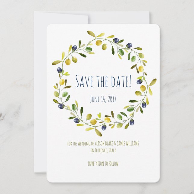 Olive Branch Aquarell Save the Date Karte (Vorderseite)