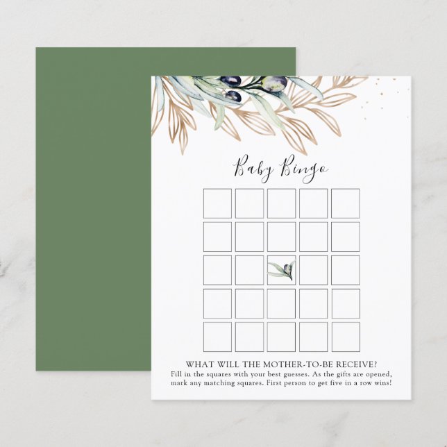 Olive Branch Baby Dusche Bingo Game Card (Vorne/Hinten)