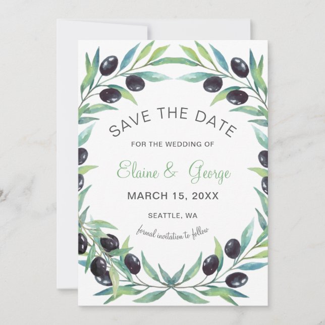 Olive Branch Botanische Hochzeit speichern Sie die Save The Date (Vorderseite)