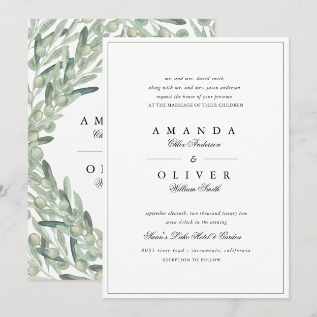 Olive Branch Botanische Landschaft Elegante Hochze Einladung (Vorne/Hinten)
