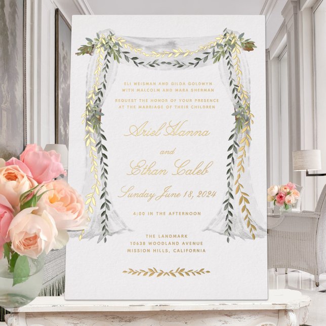 Olive Branch Chuppah Wedding Gold Folieneinladung (Von Creator hochgeladen)