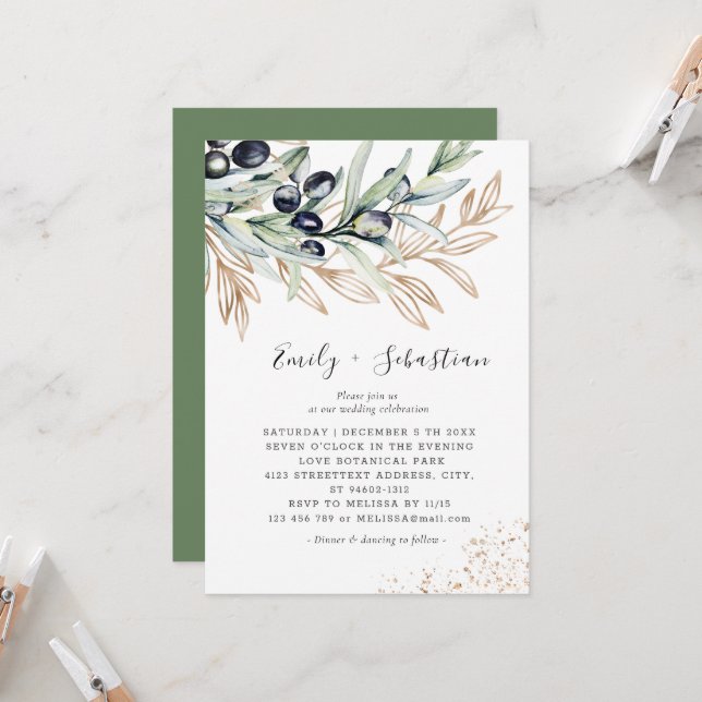 Olive Branch Greenery, Golden Bridal Wedding Einladung (Vorderseite/Rückseite Beispiel)