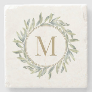 Olive Branch Laurel Wreath Personalisiert Monogram Steinuntersetzer