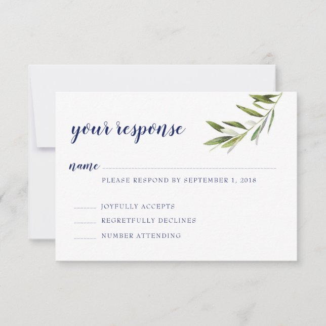 Olive Branch Rsvp Karte mit Navy Schreiben (Vorderseite)
