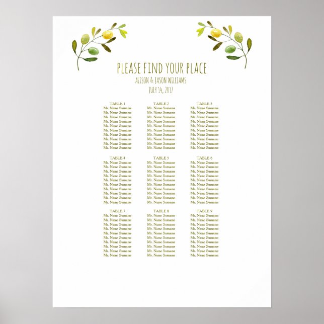 Olive branch wedding dinner seating chart poster (Vorne)