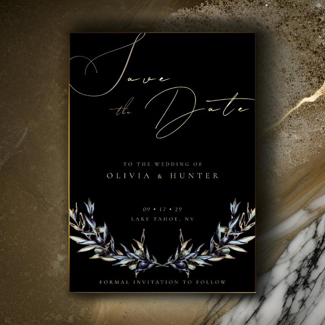 Olive Branch Wedding Save the Date Black and Gold Folieneinladung (Von Creator hochgeladen)