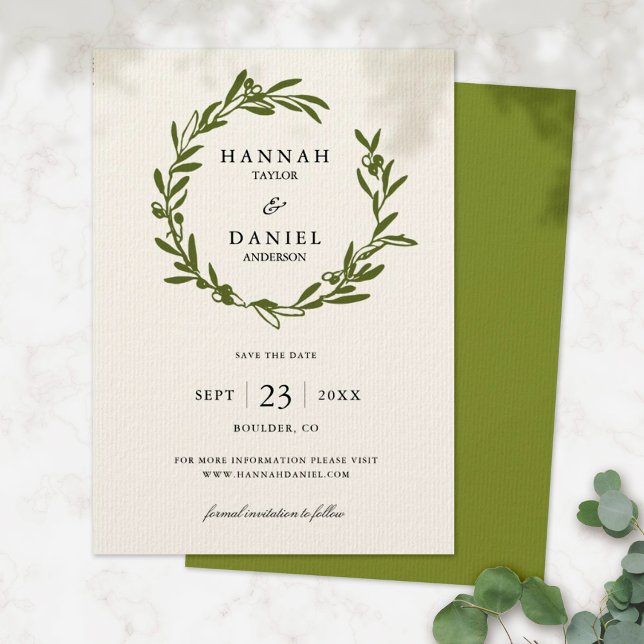 Olive Branch Wreath Save the Date Karte | Elfenbei (Von Creator hochgeladen)