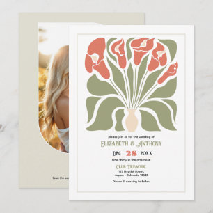 Olive & Coral Tonige Abstrakte Florale Boho-Hochze Einladung