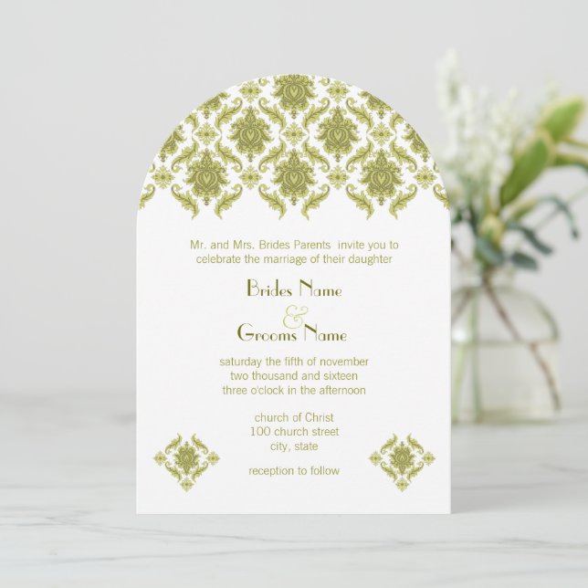 Olive Damask Hochzeitseinladung Einladung (Stehend Vorderseite)
