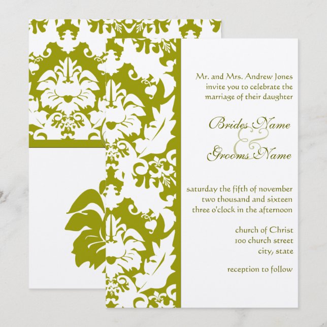 Olive Damask Hochzeitseinladungen Einladung (Vorne/Hinten)