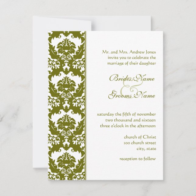 Olive Damask Hochzeitseinladungen Einladung (Vorderseite)