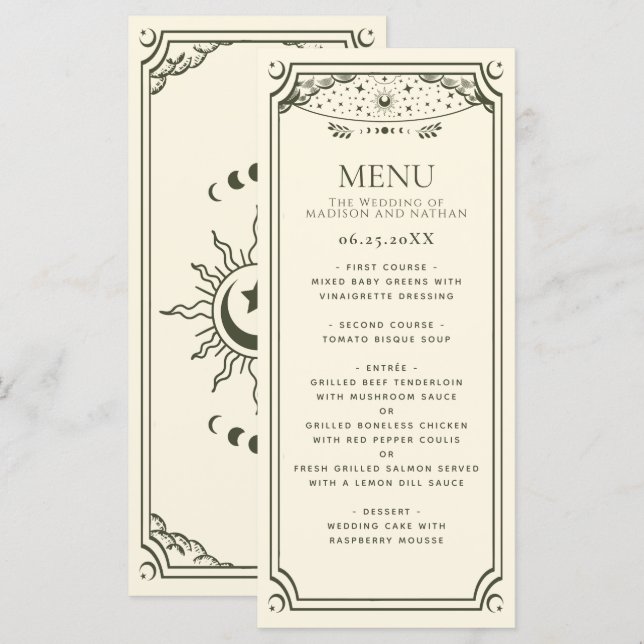 Olive Elegante Tarot Card Hochzeit Menükarte (Vorne/Hinten)