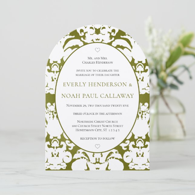 Olive foncé Damask Vintage Wedding Invitation (Debout devant)