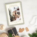 Olive Gingham Plaid Portrait Two Photo Christmas Feiertagskarte<br><div class="desc">Cute Olive Green Gingham Plaid Custom Two Photo Christmas Holiday Card for Portrait/Vertical Photos</div>