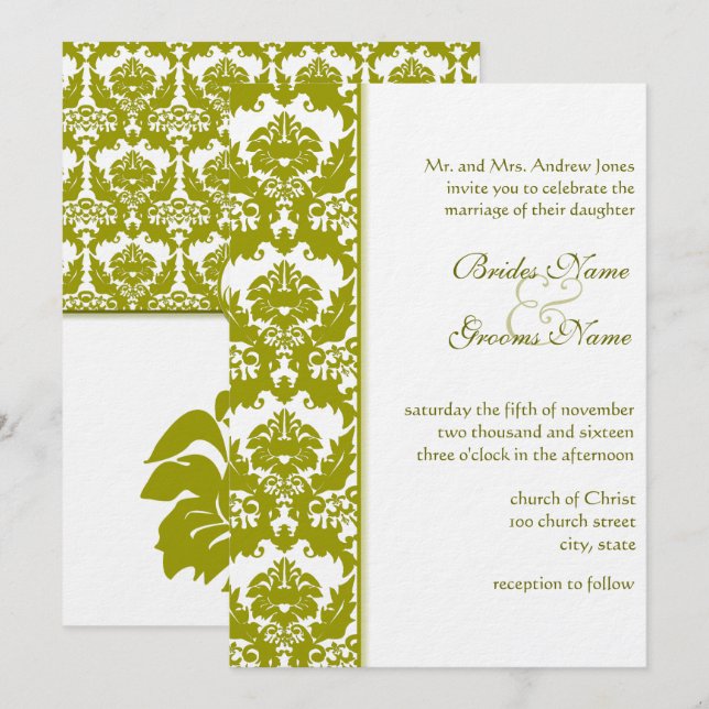 Olive Golden Limon Damask Einladungen (Vorne/Hinten)